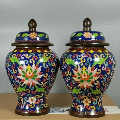 8'' China Cloisonne copper Pot Jar a pair Old Brass Pot Tank Flower - Image 1 of 4