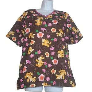 Disney Scrub Top, Women XL, Brown, Pink&Yellow w/Tigger Print,Slash Pockets, EUC - Photo 1/14