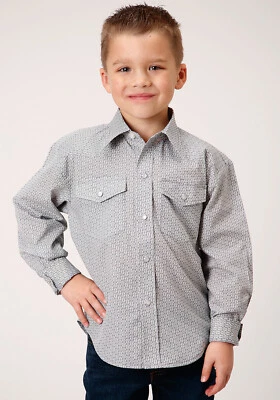 Camisa Roper Niños Niños Gris/Blanco Mezcla Algodón Estampado a Presión L/S Foto 1 de 4