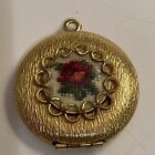 Locket  1” Gold Tone & Petit Point  Red Rose  With Clear Covering