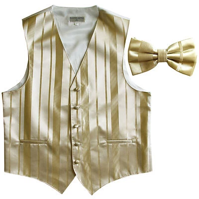 New formal men's tuxedo vest waistcoat & bowtie vertical stripes beige wedding - Image 1 of 4