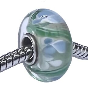 Yummy handmade blue floral glass bracelet bead charm with single silver core