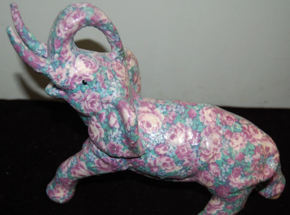 Декупаж с цветочным рисунком слон хобот вверх, бивни 10 дюймов подпись S8715 - Изображение 1 из 4