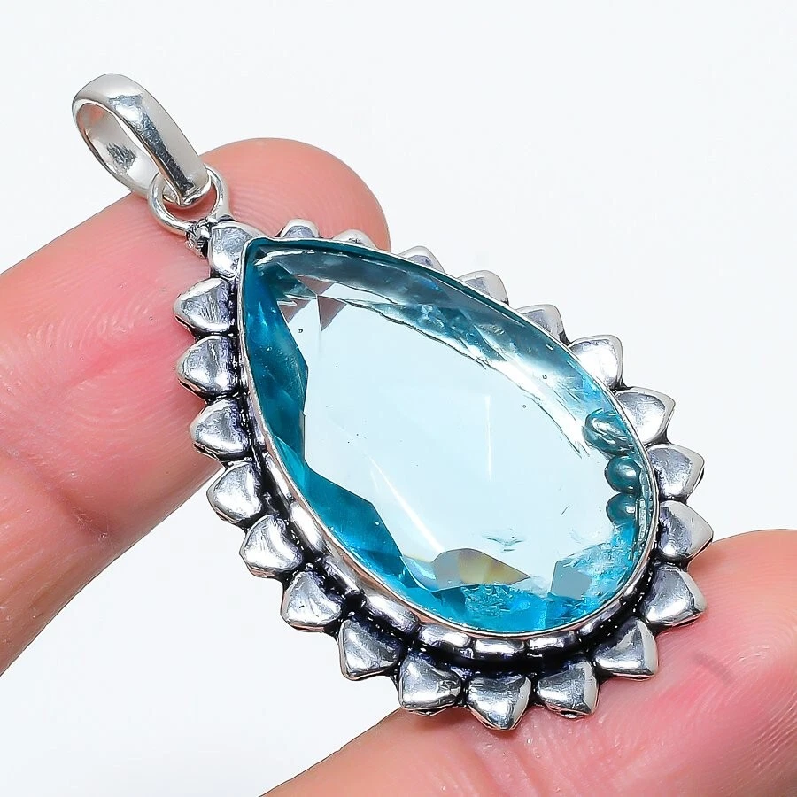 Colgante de joyería de plata de ley 925 hecho a mano con piedras preciosas de aguamarina tamaño 2"" Foto 1 de 1
