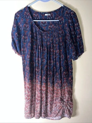 Blusa para mujer Ecote azul rojo estampado con detalle de nudo, talla XS Foto 1 de 3