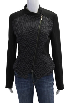 Tahari Womens Motorcycle Jacket Black Argyle Mock Neck Long Sleeve Size 6 - Image 1 of 4