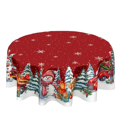 Toalha de mesa redonda Natal 60 polegadas boneco de neve vermelho toalha de mesa redonda decoração para casa - Imagem 1 de 4