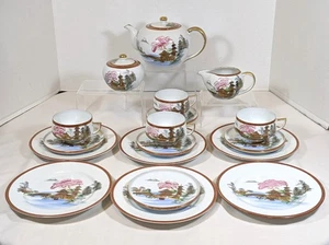 Kutani Japan 18 Pc Porcelain Tea Set Landscape Pagodas  Lithophane Geisha Cups - Picture 1 of 11