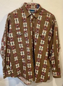 Wrangler Western Shirt Brown Red XXL Geometric Aztec Pearl Snap Cowboy 90s VTG - Picture 1 of 18