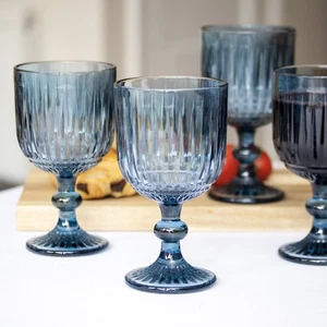 Set Of 4 Ridged Glass Wine Goblets 300ml Embossed Drinking Rose Stemmed Glasses - Picture 1 of 9