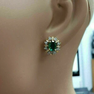 14k White Gold Plated 4.10Ct Oval Cut Simulated Emerald Halo Stud Earrings Women - Picture 1 of 4
