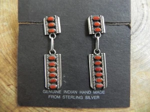 Coral & Sterling Silver Petite Point dangle Earrings Zuni - Picture 1 of 5