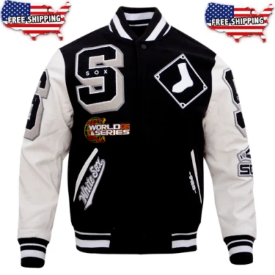 Chaqueta Universitaria Chicago White Sox Mashup Blanco y Negro Lana/Cuero A Presión Completa Foto 1 de 4