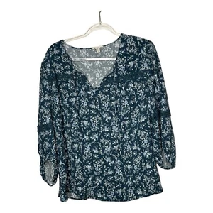 Como Blue Top Womens 2X Blue Floral Boho Peasant V Neck Blouse Cottagecore Lace - Picture 1 of 15