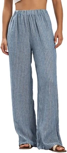 Women'S 100% Linen Summer Casual Elastic Waist Stripes Wide Leg Pants - Picture 1 of 5