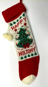 Vintage Knitted Christmas Stocking Happy Holiday Tree Design - Picture 1 of 7
