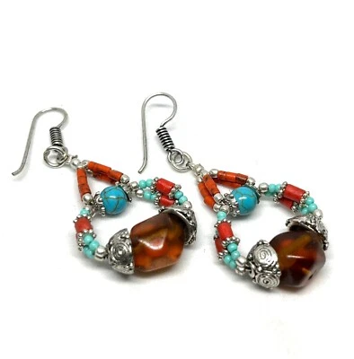 Ámbar, coral piedras preciosas tibetano hecho a mano plata 925 pendiente joyería 1,9 pulgadas Foto 1 de 4