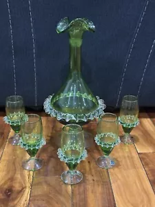 Venetian Glass Green Ruffled Decanter With 5 Cordial Glasses 1950s Rare - Picture 1 of 11