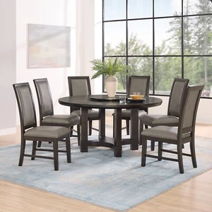 7pc Dining Set Round Table PU Faux Leather Upholstered Chair Brown Finish - Picture 1 of 9