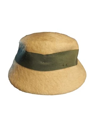 Vintage Womens Hat Cloche Style Light Yellow Olive Green Ribbon Swirl Fleece - Image 1 of 3