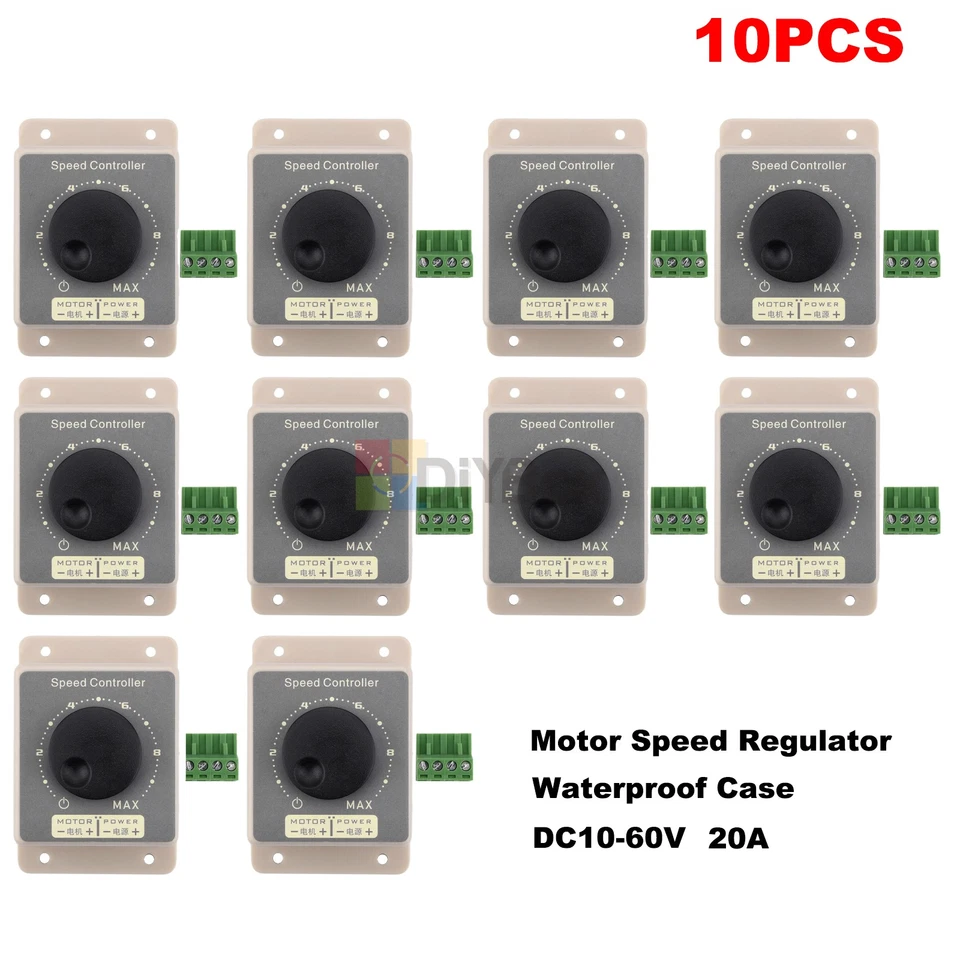 10PCS 10-60V 20A Pulse Width Modulator PWM DC Motor Speed Controller Waterproof - Image 1 of 4