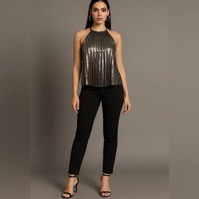 Adrienne Landau Onyx Metallic Pleated Halter Top – Size Small, New Without Tags - Image 1 of 4