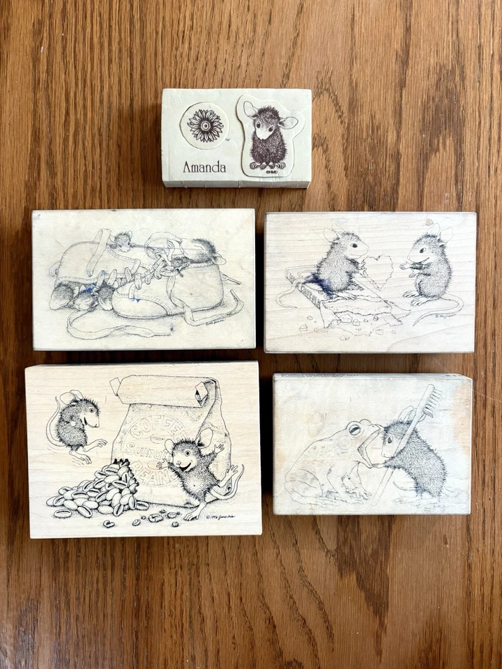 Vintage House Mouse Wood Rubber Stamp Lot of 5 Stampa Rosa 1997, 1998 - Image 1 of 4
