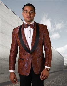 Mens Statement Italy Brown Blue Floral Paisley Tuxedo 50L Formalwear NEW - Picture 1 of 12