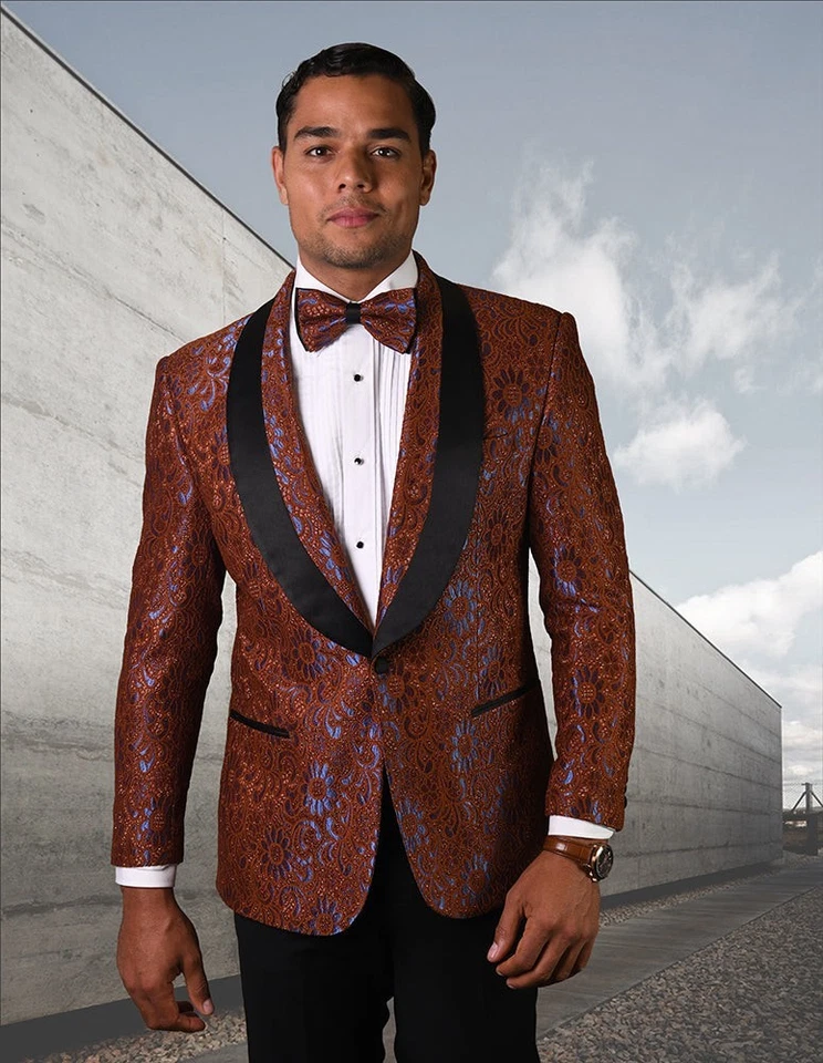 Mens Statement Italy Brown Blue Floral Paisley Tuxedo 50L Formalwear NEW - Image 1 of 4