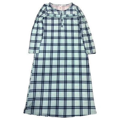 Adonna Womens Mint Blue Check Long Sleeve Nightgown Night Gown Medium - Image 1 of 2
