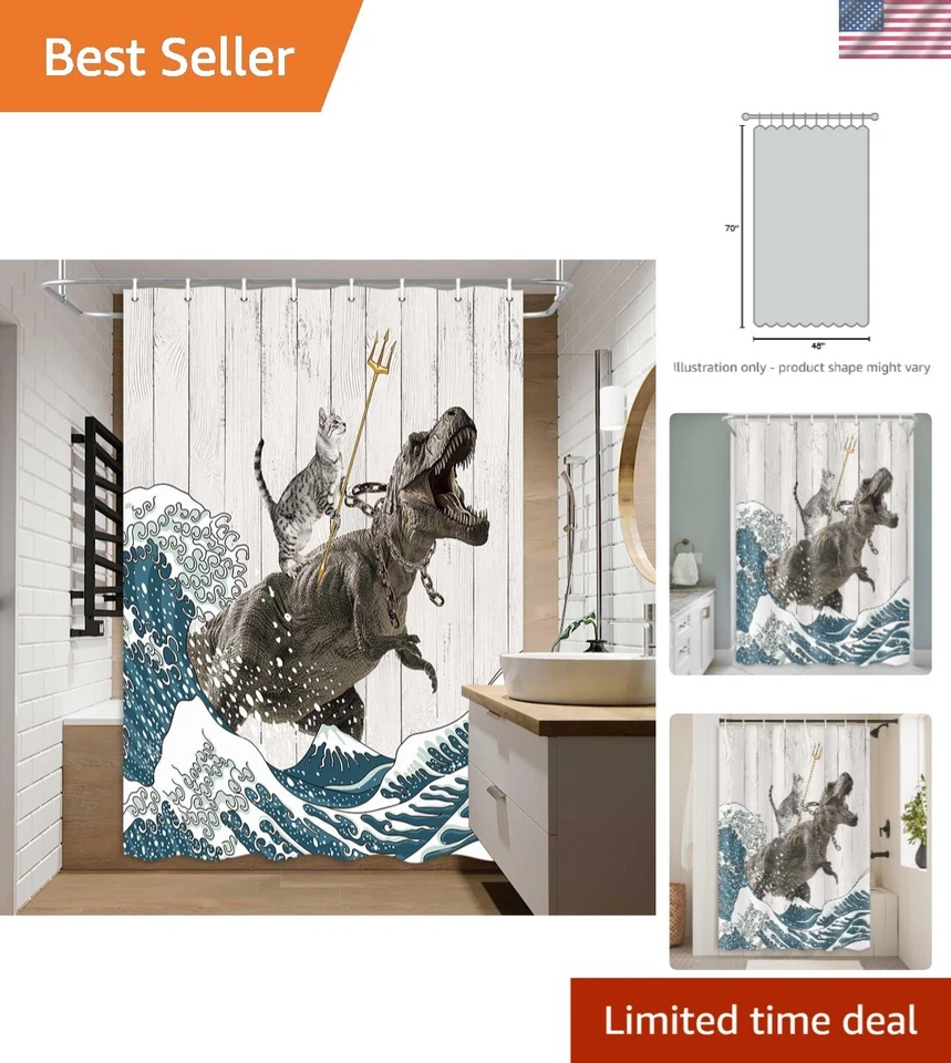 Divertida Cortina de Ducha para Gato, Genial Gato Dinosaurio Japonés Océano Ola Decoración F... Foto 1 de 4