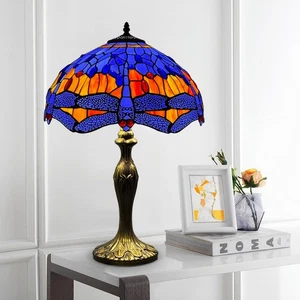Tiffany 16 Zoll Stil Tischlampe blaue Libelle mehrfarbiger Buntglasschirm - Bild 1 von 6