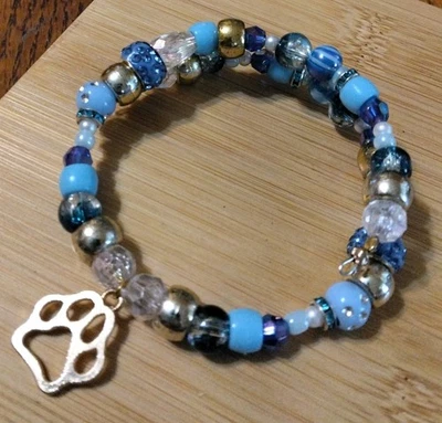 Handmade 10in Wrap Bracelet-Plastic, Glass, Rhinestone Rondelle Spacer-Paw Charm - Image 1 of 4