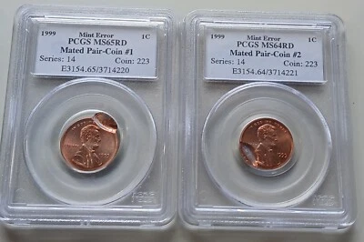 Rare 1999 Mated Pair of Error Lincoln Cent PCGS MS64 and MS65 Red - Image 1 of 4