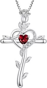 Rose Cross Necklace 925 Sterling Silver Heart Birthstone Pendant Gifts Mom Women - Picture 1 of 6