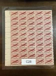 C28 US Air Mail Mint Sheet, 15 cent Twin-Motored Transport Plane, Brown Carmine - Picture 1 of 3