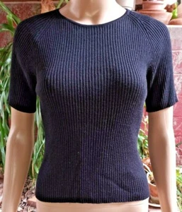 DKNY Size Small Petite 100% Wool Ribbed Fitted Round Neck Knit Top in Navy Blue - Picture 1 of 7
