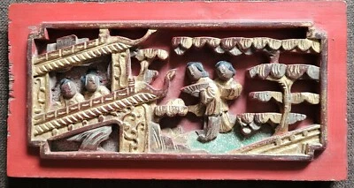 Antiguo panel de madera pintado dorado rojo tallado chino Foto 1 de 4