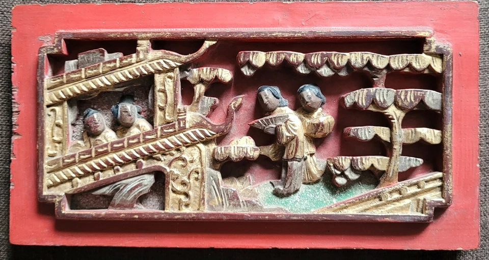 Antique Chinese Carved Red Gilt Painted Wood Panel - Image 1 of 4