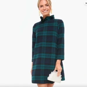 TUCKERNUCK Blackwatch Bow & Ruffle Collar Daphne Swing Dress L Green Navy Plaid - Picture 1 of 9