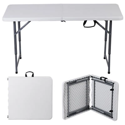 4FT Plastic Folding Table Indoor Outdoor Heavy Duty Fold-in-Half w/ Handle White - Image 1 of 4
