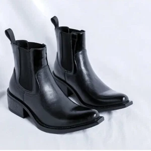 Retro Style Mens Pull On Chelsea Ankle boots British Pointed Toe Mid Block Heels - Picture 1 of 8
