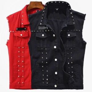 Men Jacket Waistcoat Punk Studded Denim Gilet Sleeveless Casual Jeans Vest Biker - Picture 1 of 9