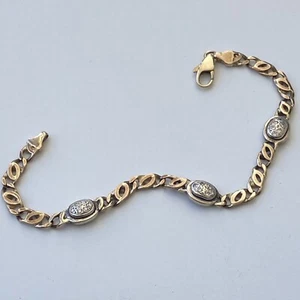 Gold 375 9K 9KT 9 Karat Flat Link Bracelet Diamonds Lobster Clasp 9.2 Grams - Picture 1 of 19