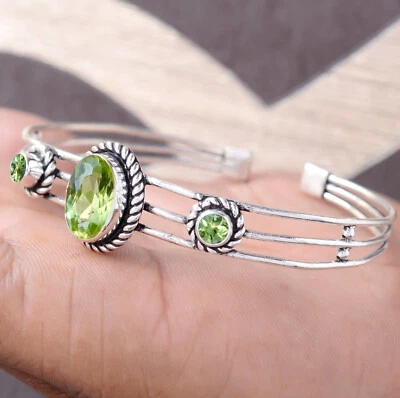 Oval Peridot Cut Gemstone Bracelet 925 Sterling Silver HandMade Cuff Bangle - Image 1 of 4