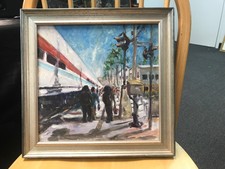 Ed Martinez Painting Abstract Of Train And People Signed Dated 2001