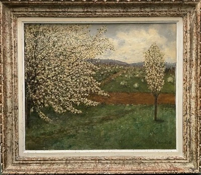 Tableau peinture ancienne pommiers en fleurs, Printemps 1945 Dlg Millet - Photo 1/4