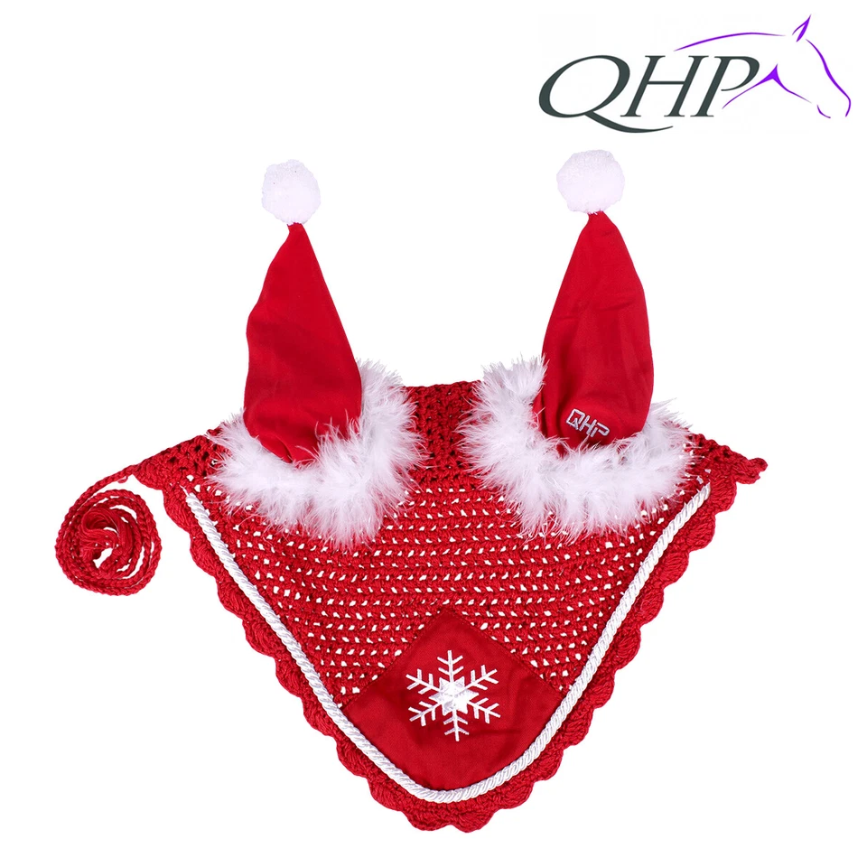 QHP Cappuccio Mosche Natale Copri Orecchie Divertente Rosso Bianco Cavallo Pony Equitazione
