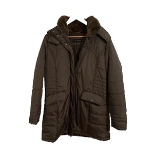KC Collections Brown Puffer Coat Womens XL Full Zip Lined Long D/hood removable - Picture 1 of 8