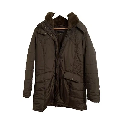 KC Collections Brown Puffer Coat Womens XL Full Zip Lined Long D/hood removable - Image 1 of 4